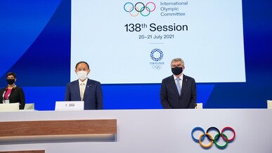 IOC President Thomas Bach with the Prime Minister of Japan SUGA Yoshihide