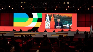 President of China Xi Jinping on screen, 139th IOC Session at the CNCC ahead of the XXIV IOC Olympic Winter Games Beijing 2022