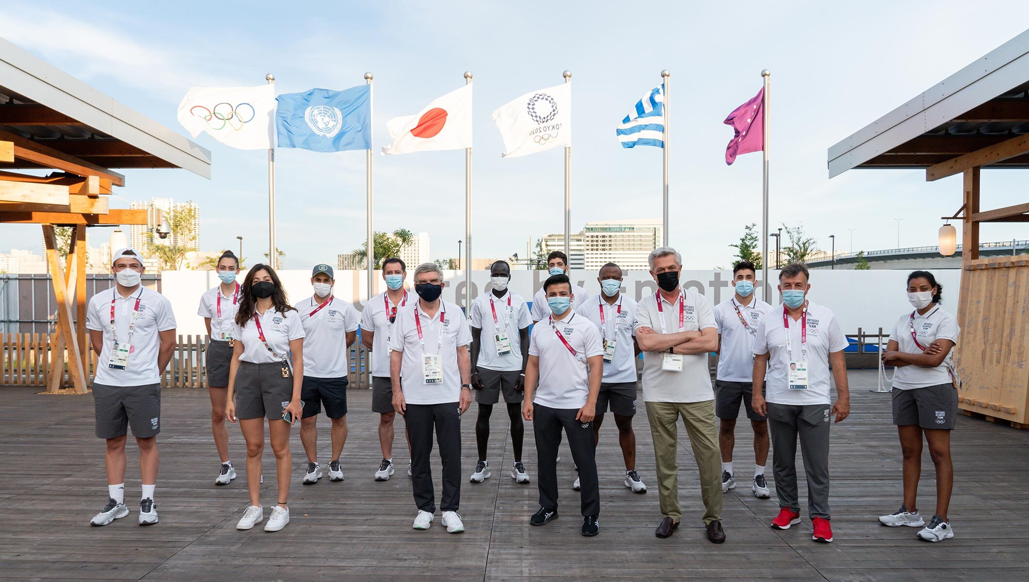 Members of the Olympic Refugee Team at the Olympic Village in Tokyo