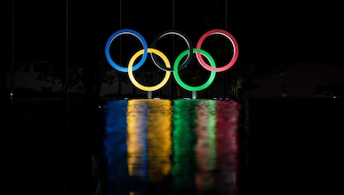 TOKYO - JAPAN -  25 July 2021: Olympic Rings outside the Okura Hotel during TOKYO 2020, the XXXII IOC Olympic Games.