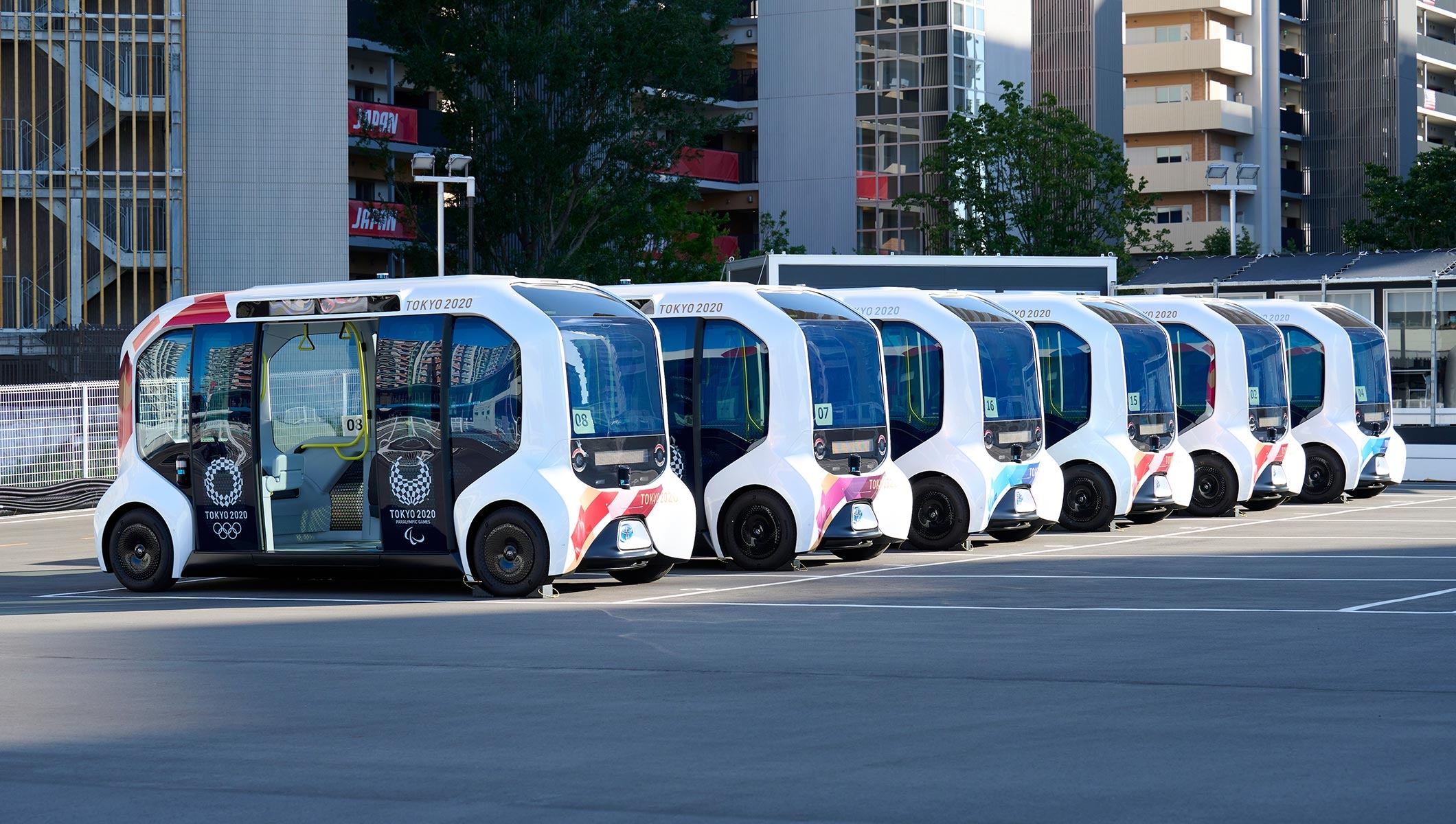 Fleet of Toyota e-Palette vehicles at Tokyo 2020 Olympic Village
