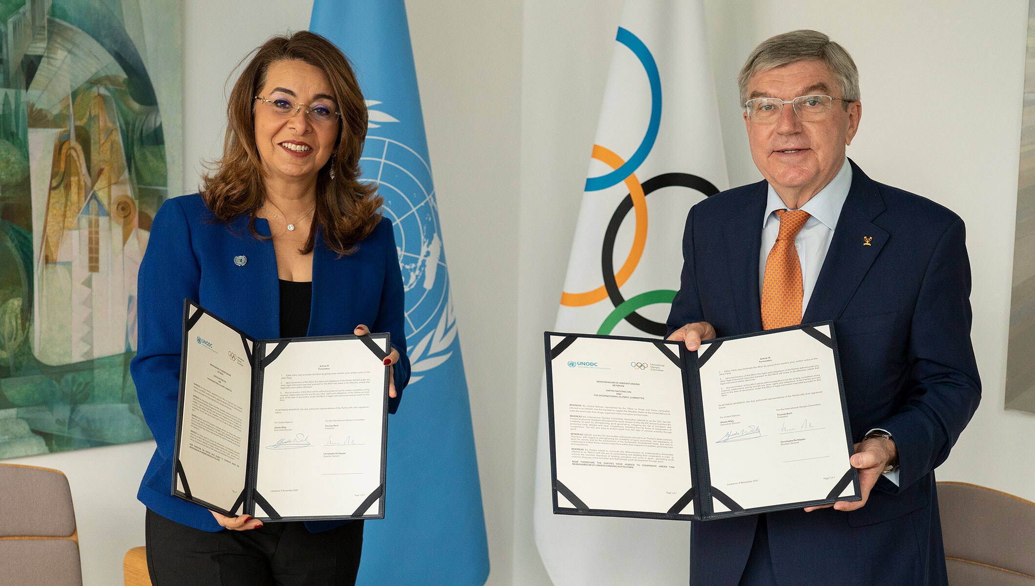 IOC President Thomas Bach and UNODC Executive Director Ghada Waly