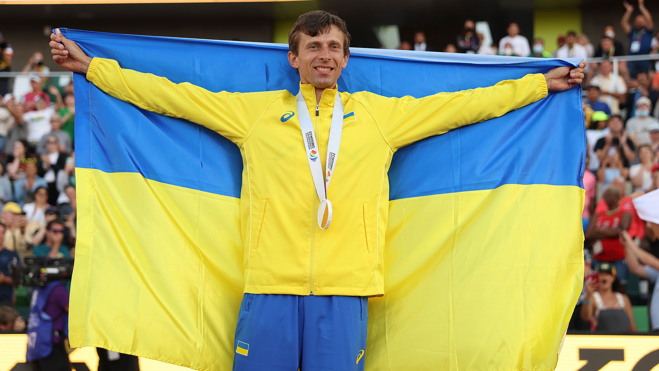 Bronze medalist Andriy Protsenko of Team Ukraine celebrates after competing in the Men's High Jump Final on day four of the World Athletics Championships Oregon22