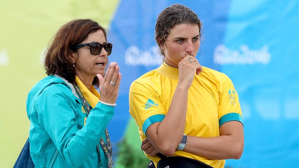 Jessica Fox of Australia speaks to her mother and coach Myriam Fox
