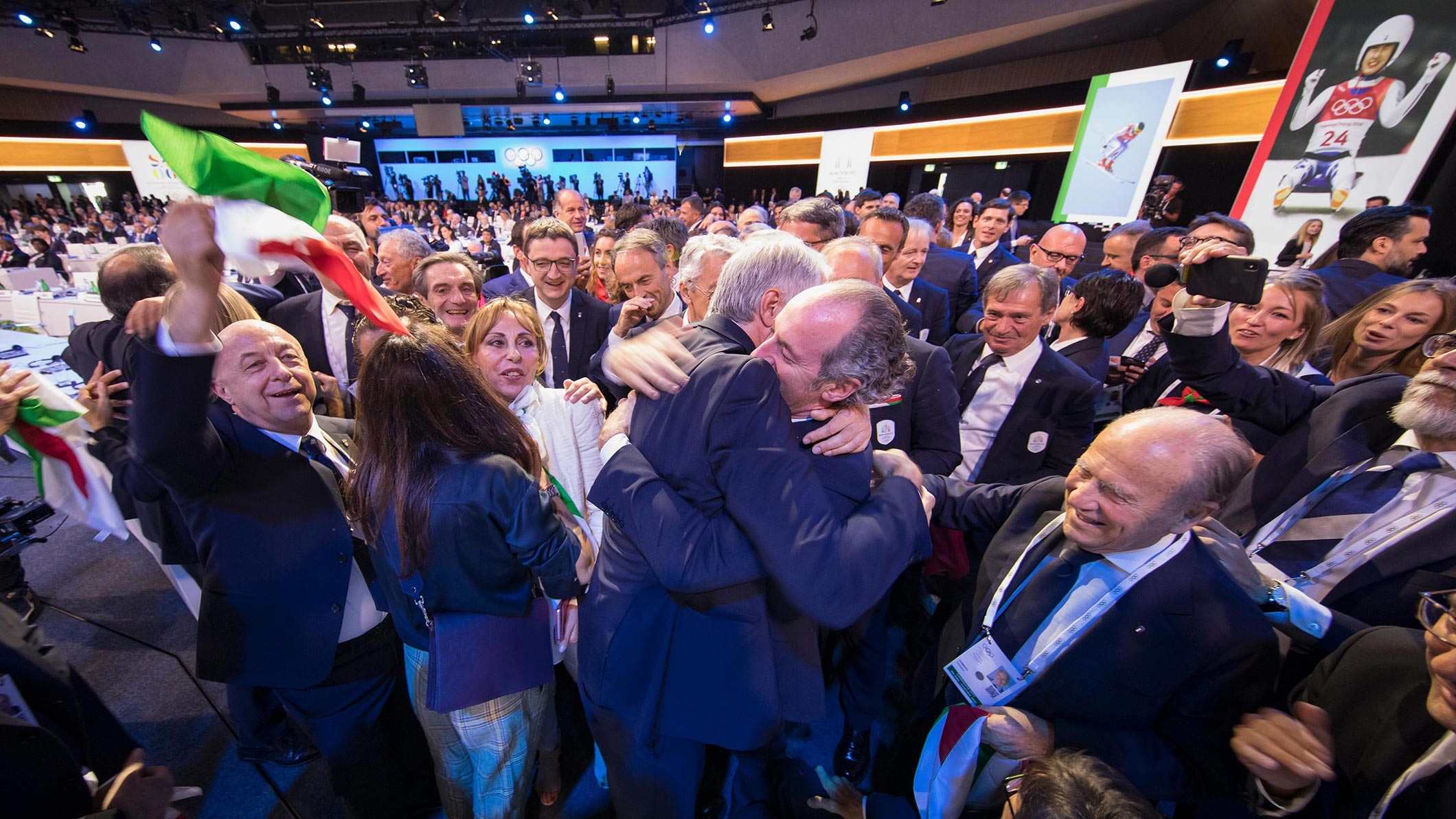 134th IOC Session, Lausanne, 2019 - Announcement of the host city for the Winter Olympic Games. Milano-Cortina elected. Joy of the Milano bid committee.