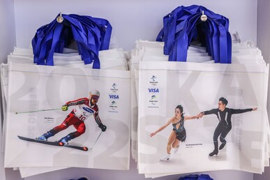 Shopping bags by Visa is seen at the official store at the Beijing Olympic Village