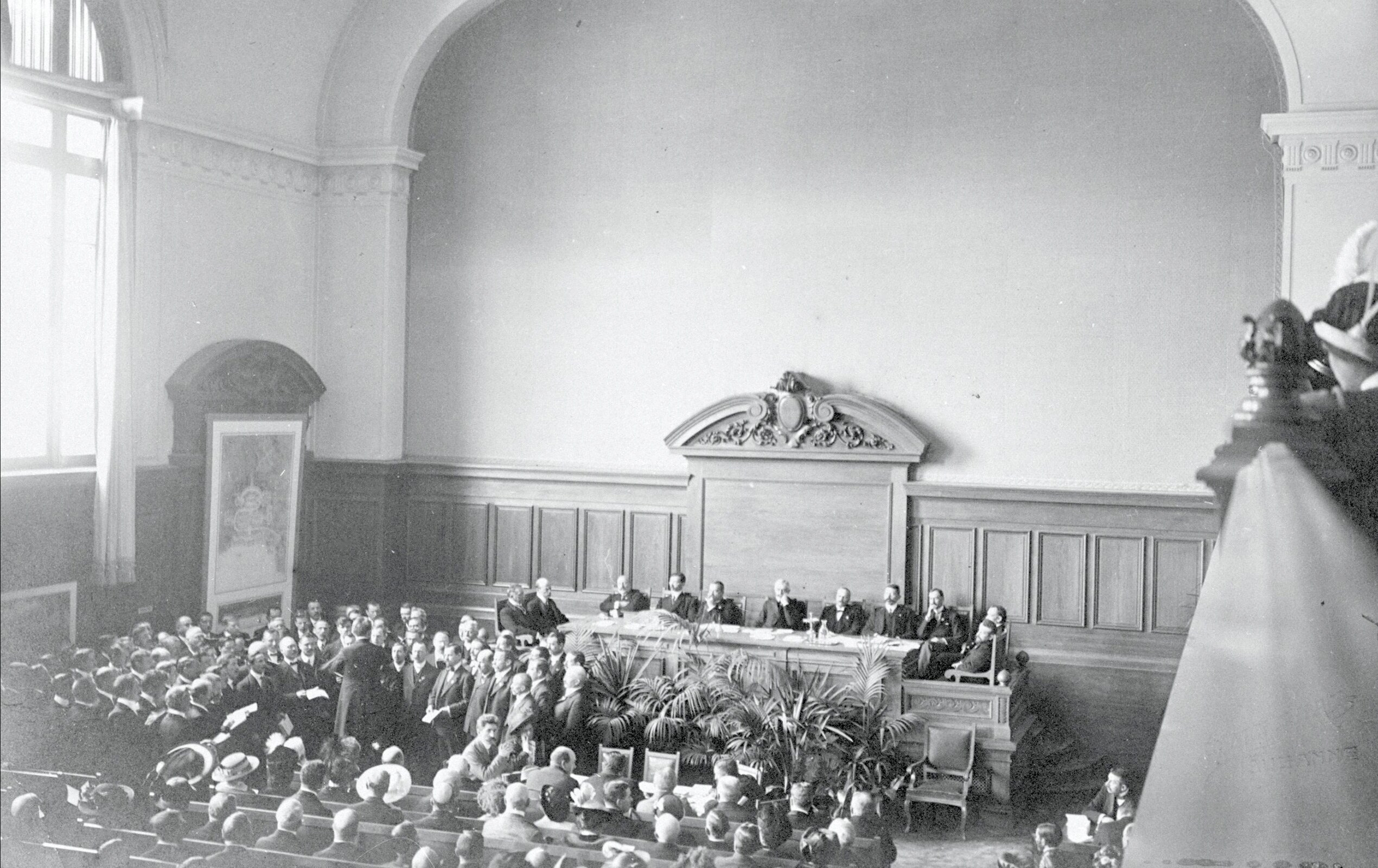  5th Olympic Congress, Lausanne 1913 - Opening Ceremony of the Sports Psychological and physiological Congress, presided by Baron Pierre de Coubertin, IOC President, in the Palace of Rumine.